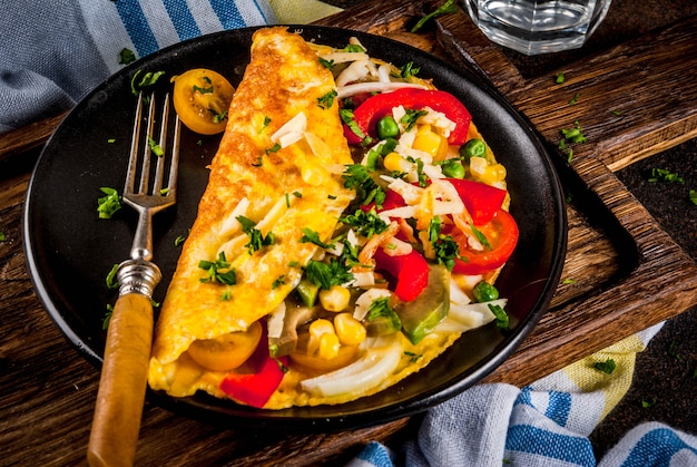 Comida saudável café da manhã, omelete de ovo recheado com legumes