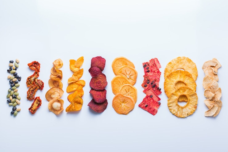 Foto comida saudável e equilibrada, alimentação limpa, lanches com sabor natural, conceito de ingredientes transparentes. frutas e vegetais secos, chips desidratados em um fundo branco