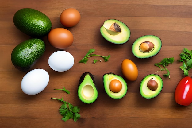 Foto comida saudável em uma mesa de cozinha com abacates tomates ovos e outros alimentos saudáveis