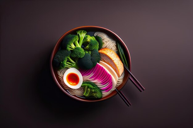 Comida de sopa de ramen en un tazón con fondo negro IA generativa