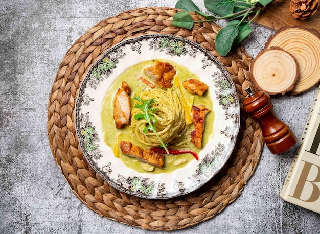 Comida tailandesa Fideos de muslos de pollo con salsa verde en una vista superior del plato sobre fondo gris Comida callejera de Taiwán