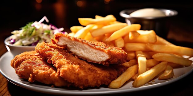 comida tradicional alemana schnitzel y patatas fritas y ensalada en el plato vista