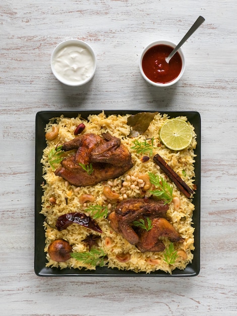 Comida tradicional árabe cuencos Kabsa con carne