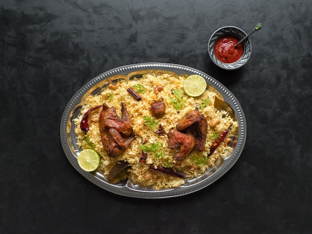 Foto comida tradicional árabe cuencos kabsa con carne