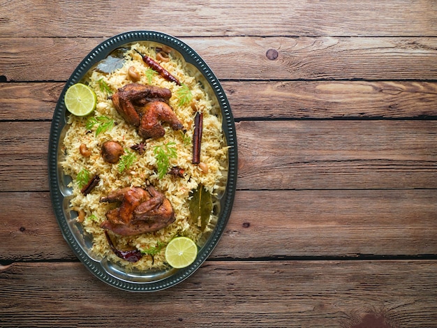 Comida tradicional árabe cuencos Kabsa con carne