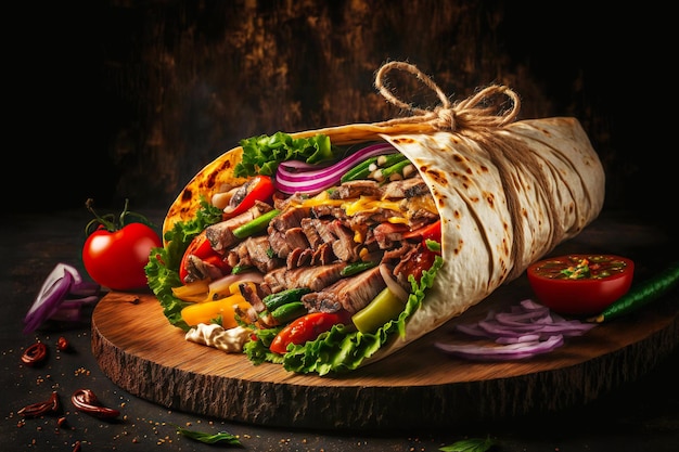 Comida tradicional árabe shawarma doner com carne e legumes