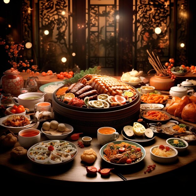 Comida tradicional china con fondo de Año Nuevo Chino en una imagen de restaurante