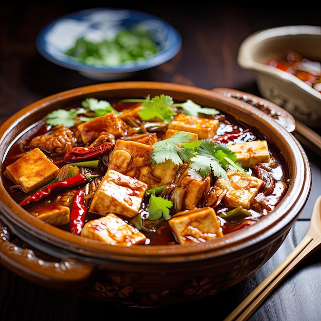 Comida tradicional china Mapo Tofu con perejil y cilantro sobre fondo de madera oscura