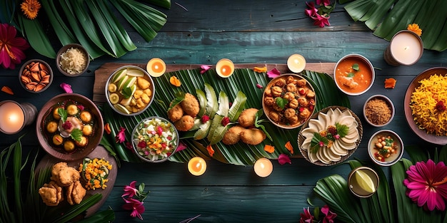 Comida tradicional colorida de festival espalhada em uma mesa pratos exóticos cores vibrantes festa cultural celebrar a diversidade e culinária perfeita para temas culinários AI