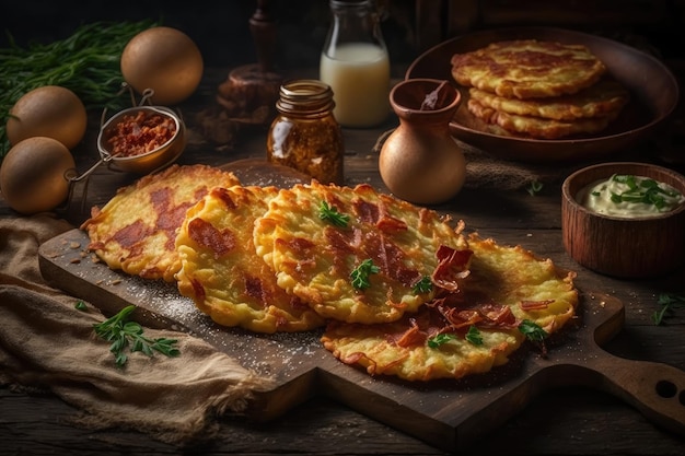 Comida tradicional en forma de tortitas de patata con tocino frito