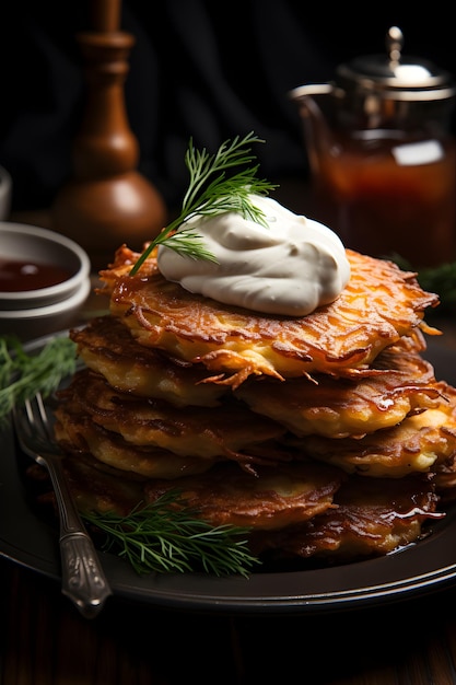 Comida tradicional de Hanukkah, latkes caseros crujientes servidos con puré de manzana y una guarnición de crema agria