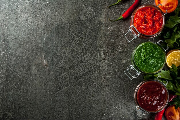 Comida tradicional india, Conjunto de tres chutney para Chaat y Sev Puri: dulce de tamarindo de dátiles, cilantro, menta y ajo rojo, En la superficie de piedra oscura, copie la vista superior del espacio