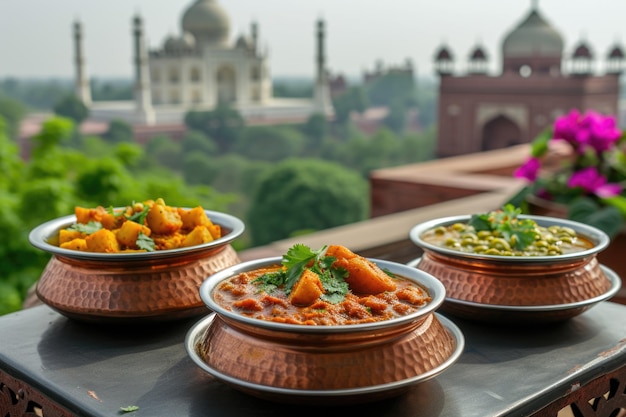 Comida tradicional indiana com vista para o Taj Mahal em Agra