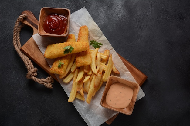 Comida tradicional inglesa: pescado y patatas fritas. Filetes de pescado frito y crujientes patatas fritas servidos con salsa de tomate y salsa tártara casera.