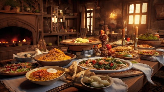 Comida tradicional mexicana en una mesa en una cocina rústica de madera con fondo negro