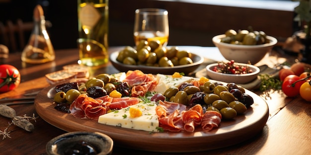 Comida tradicional natural de los balcanes plato croata queso con jamón salpicado de aceite de oliva con alcaparras en un pepinillo con aceitunas en un plato de madera sobre una mesa de baldosas El aperitivo perfecto para el vino
