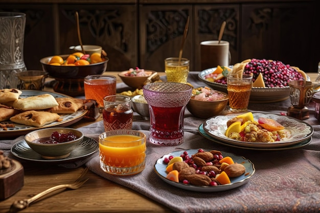 Comida tradicional de Ramadán Kareem iftar con una variedad de deliciosas comidas y bebidas en una hermosa mesa ilustración generativa ai