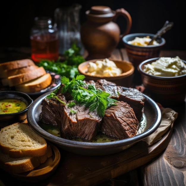 Comida tradicional con sopa de bistec y pan en marrón oscuro y gris.