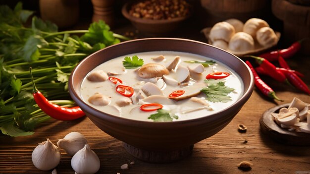 Comida tradicional tailandesa tom kha gai en un tazón sobre madera