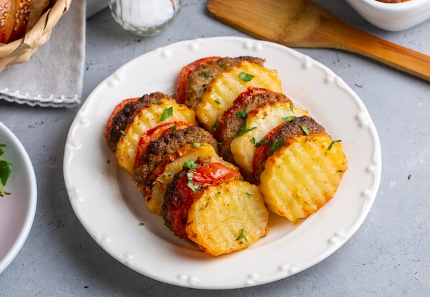 Comida tradicional turca; batatas assadas e bolinhas de carne. Nome turco; kofteli patates dizmesi, patates dizme