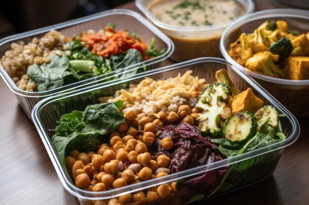 Comida vegana e à base de plantas com opções como grão-de-bico com legumes ao curry ou refogado