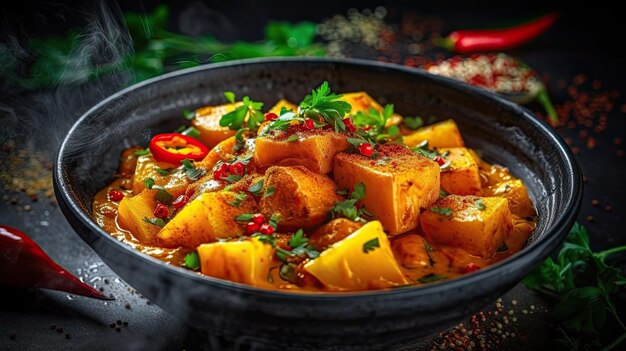 Comida vegetariana de curry de patata dulce en un fondo oscuro Arte generativo de IA