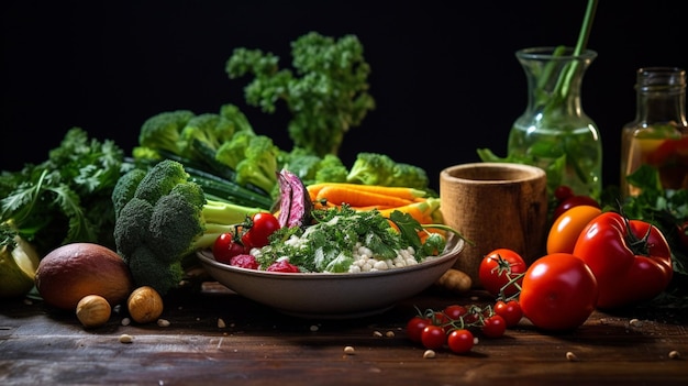 comida vegetariana fresca en una mesa rústica de madera alimentación saludable