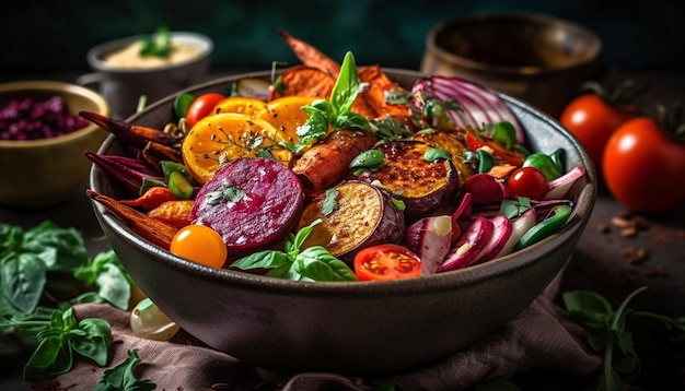 Comida vegetariana gourmet a la parrilla en madera rústica generada por IA