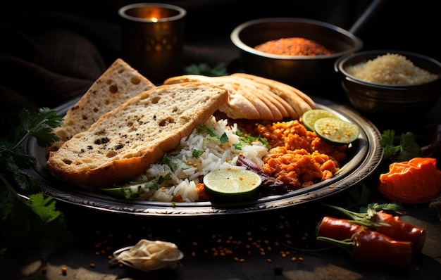 Comida vegetariana india o caja de almuerzo con ensalada de papad de arroz y un vaso de jugo de naranja
