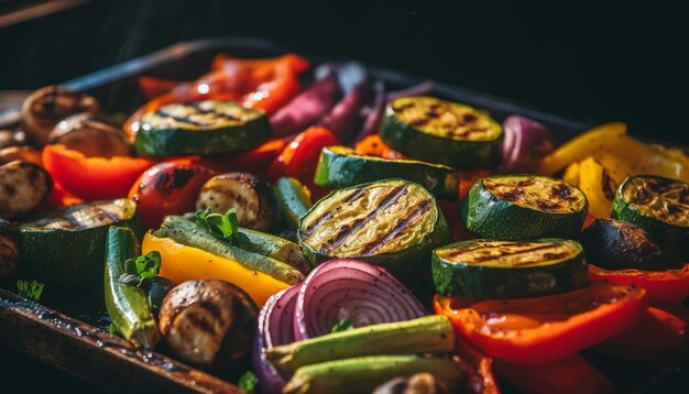 Comida vegetariana a la parrilla con berenjena fresca y tomate generada por IA