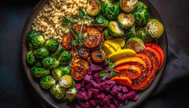 Comida vegetariana a la parrilla con ensalada de tomate fresco en un plato rústico generado por inteligencia artificial