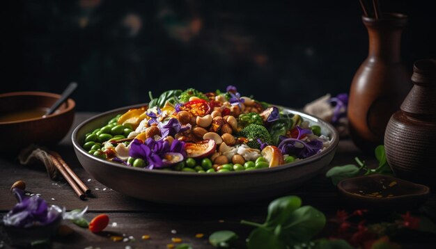 Una comida vegetariana saludable con ensalada orgánica fresca en un plato de madera generado por IA