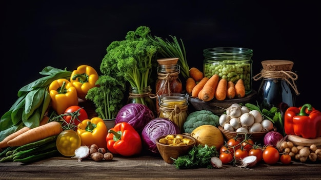 comida vegetariana saudável e comida em um fundo escuro