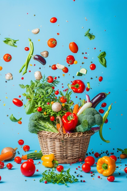 comida y verduras esparcidas en una canasta sobre un fondo azul