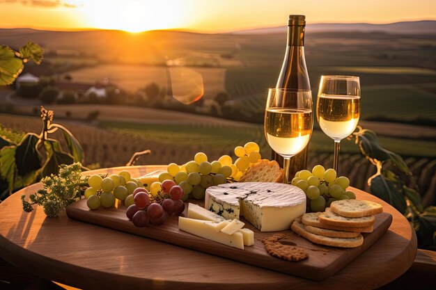 Comida, vino y queso en una bandeja de madera al atardecer.