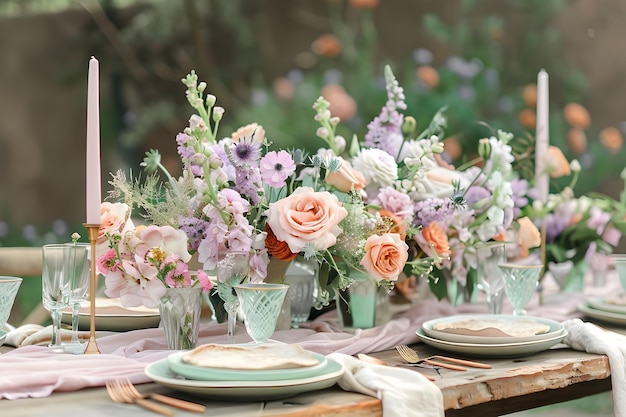 Comidas al aire libre con acentos florales en menta rosada y lavanda