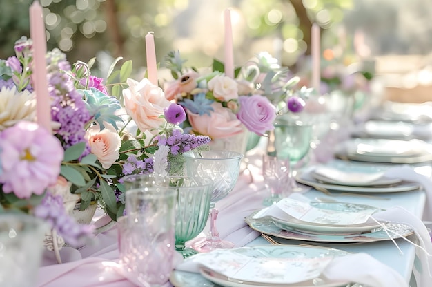 Comidas al aire libre con acentos florales en menta rosada y lavanda