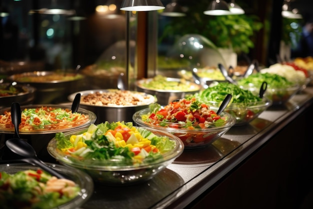 Comidas buffet dentro del restaurante con ensaladas de verduras.