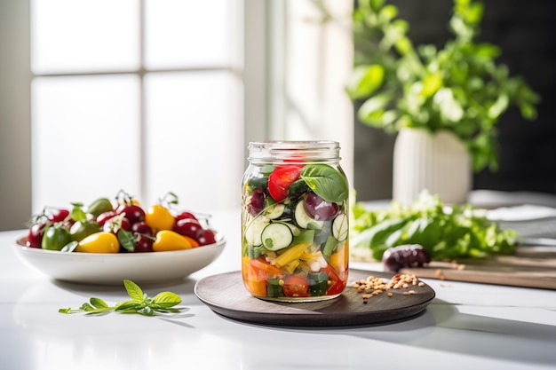 Comidas nutritivas en el fondo verduras ensalada en frasco en el fondo veganismo vegetarianismo alimentación saludable