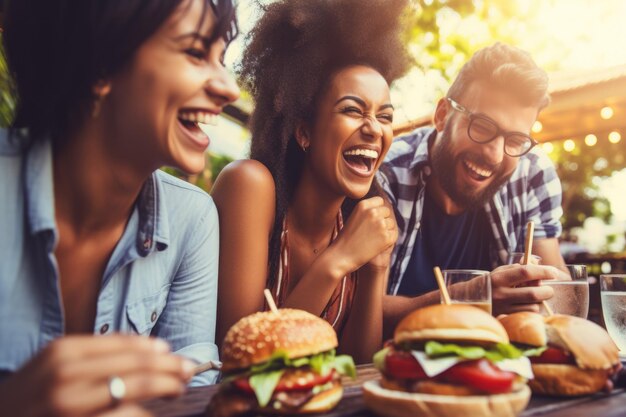 Comiendo hamburguesas juntos Grupo de amigos divirtiéndose y comiendo deliciosas hamburgueras al aire libre en un
