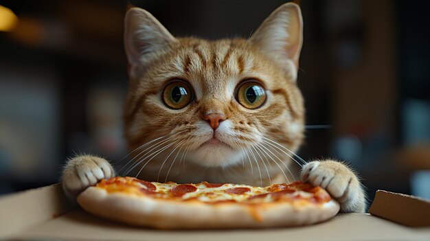 Comiendo una rebanada de pizza Gato roba comida de la mesa Gato Tabby Lame los labios con pizza