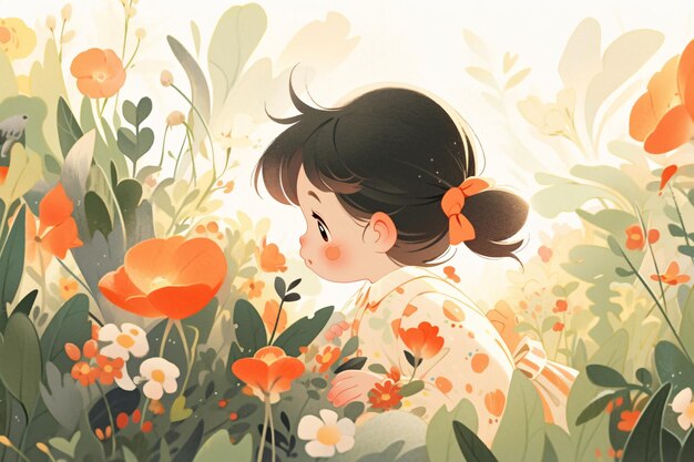 Comienzo de la ilustración del Festival de la Primavera Ilustración de la escena conceptual de la niña riendo entre las flores