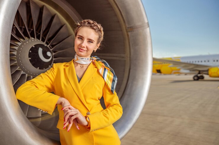 Foto comissária de bordo feminina na jaqueta amarela olhando para a câmera e sorrindo em pé perto do motor de turbina do avião