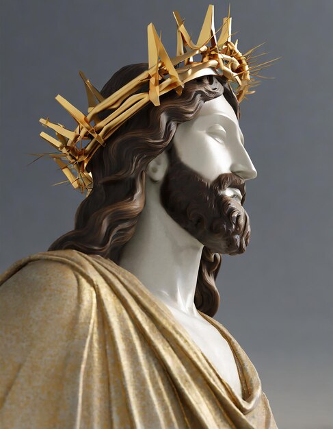 Foto comma em jesus cristo estátua com coroa de ouro de espinhos renderização 3d ângulo lateral espaço vazio