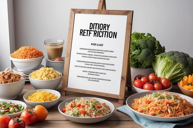 Community Potluck Dietary Restrictions Signage Mockup mit leerem weißem Leerraum für die Platzierung Ihres Designs