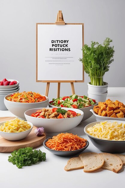 Community Potluck Restricciones Dietéticas Mockup de señalización con espacio blanco en blanco para colocar su diseño