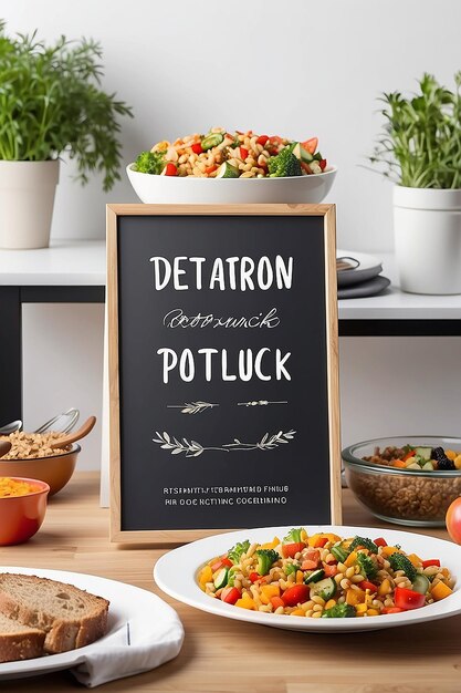 Community Potluck Restricciones Dietéticas Mockup de señalización con espacio blanco en blanco para colocar su diseño