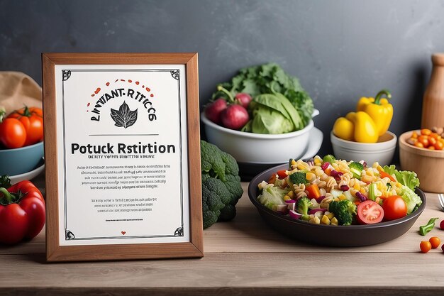 Community Potluck Restricciones Dietéticas Mockup de señalización con espacio vacío para colocar su logotipo