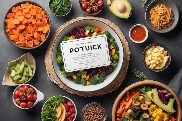 Foto community potluck restricciones dietéticas mockup de señalización con espacio vacío para colocar su logotipo