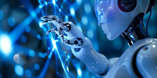 Foto cómo un brazo robótico impulsado por ia utiliza algoritmos avanzados para abordar los desafíos humanos a través de la tecnología concepto tecnología robótica inteligencia artificial desafíos humanos algoritmos avanzados